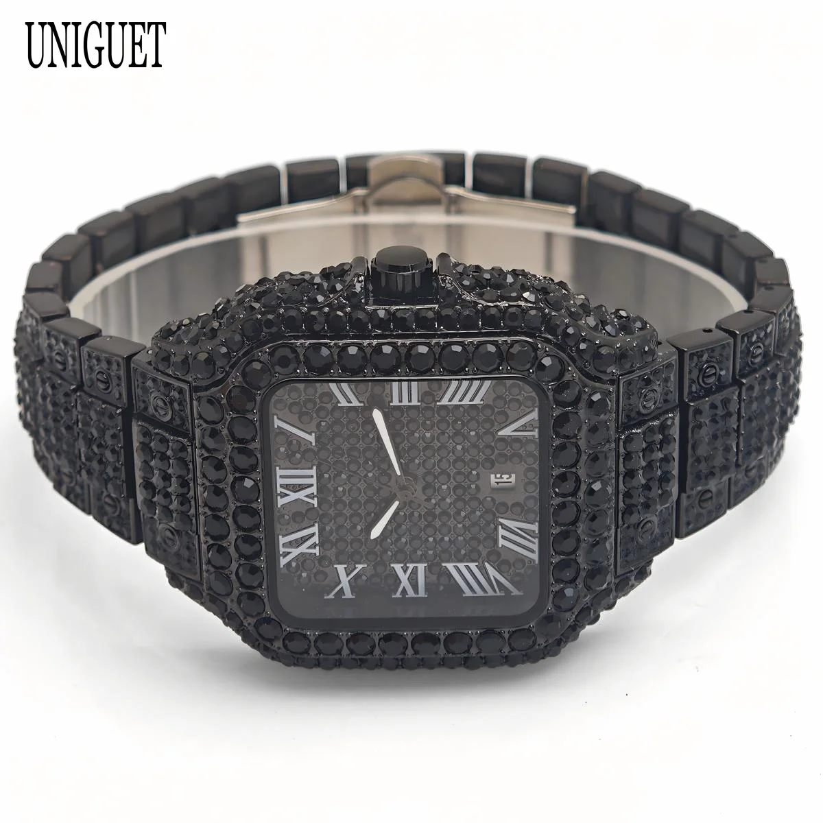 

UNIGUET Роскошные мужские часы со льдом, крутые черные бриллианты, кварцевые часы в стиле хип-хоп, мужские римские буквальные квадратные наручные часы, подарок, горячая распродажа