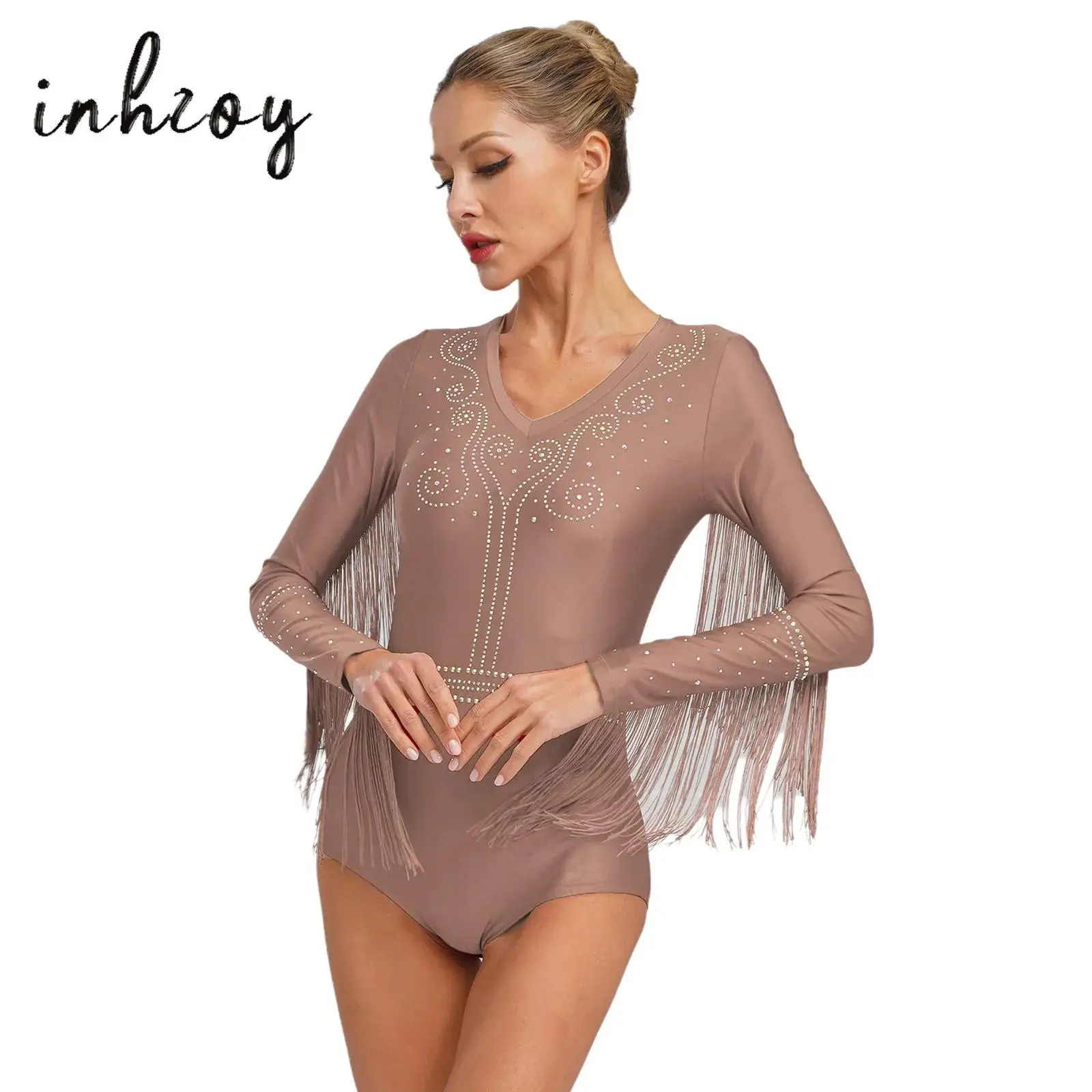 

Womens Latin Tango Dance Leotard Shiny Rhinestones V-neck Tassel Bodysuit Ballroom Cha cha samba Performance Competition Costume