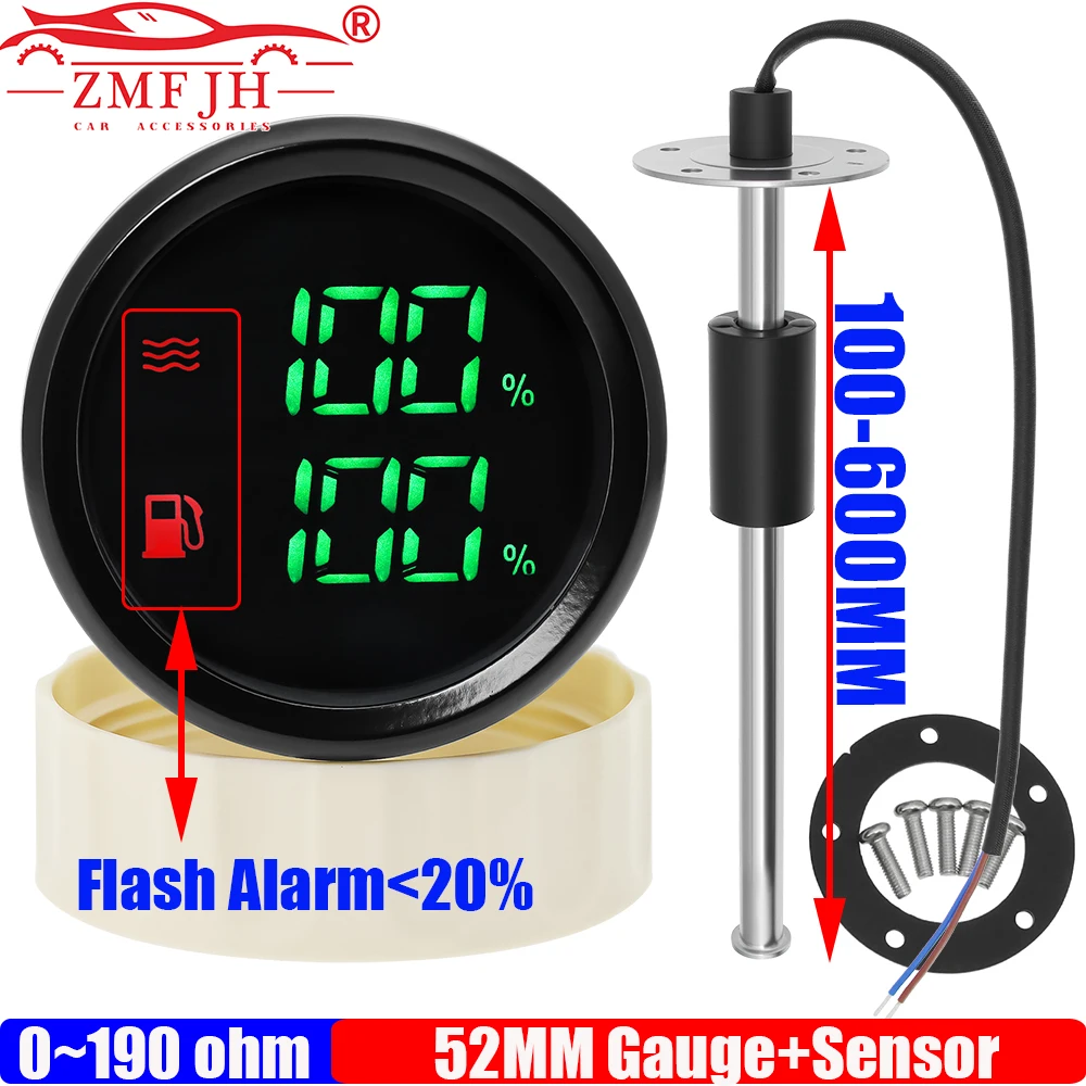ZMFJH Digital Dual Gauge Alarm 2IN1 Fuel+Water Level Gauge with 0-190ohm Fuel Level Sensor 100-600MM for Car Boat Yacht 12V24V