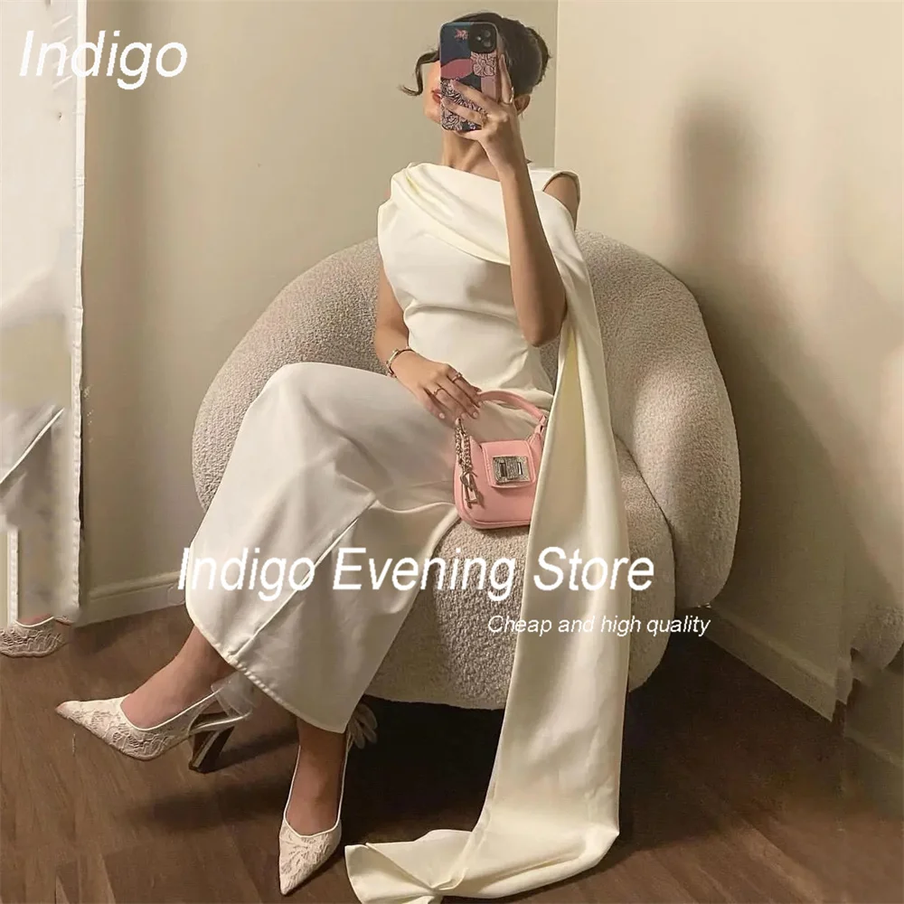 Indigo Mermaid Evening Dress O-Neck Crepe Ankle-Length Sleeveless Shawl Pleat Prom Gown Formal Occasion فساتين السهرة Customized