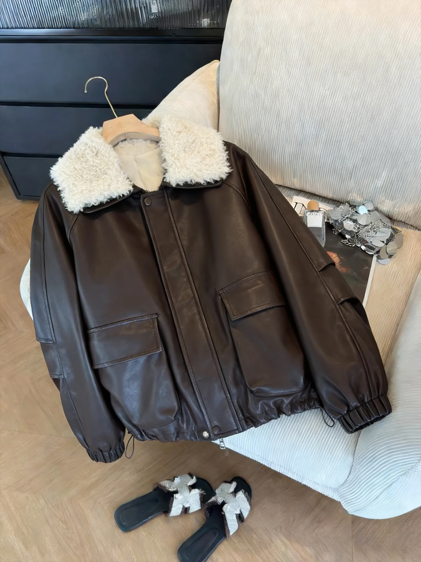 Legal retro sle bombardeiro jaet feminino contraste cor colarinho casaco de couro calor longo sve fechamento com zíper streetwear