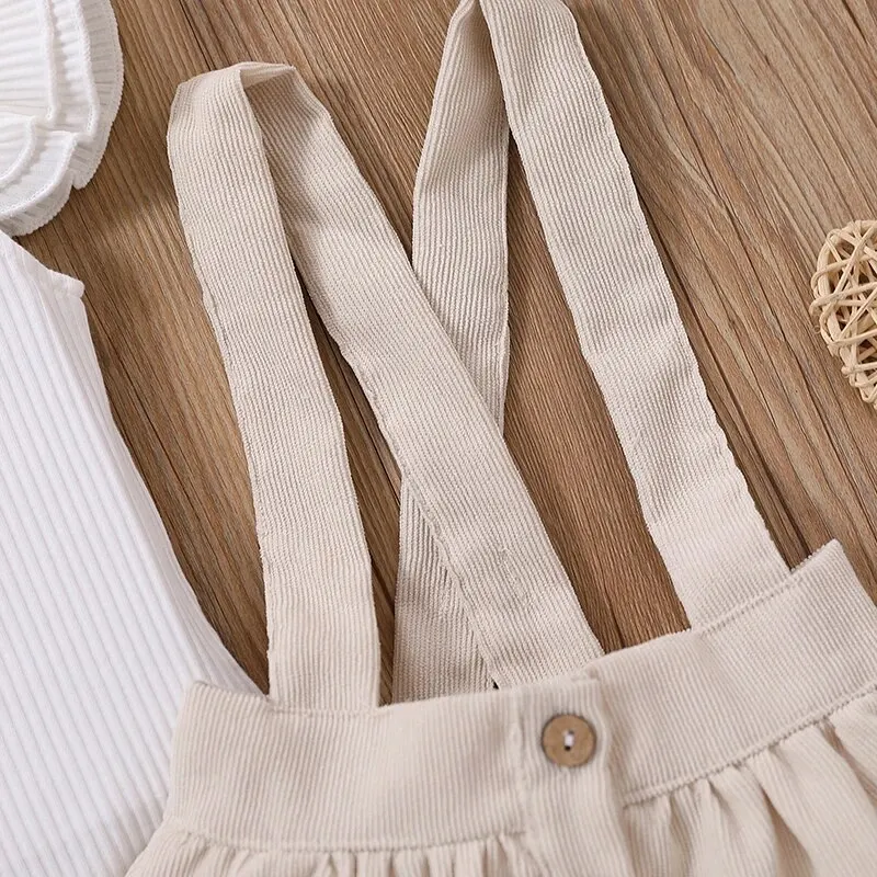 Summer Newborn Girl Solid Pit Striped Fly Sleeved Top Romper Jumpsuit+Knitted Button Strap Skirt