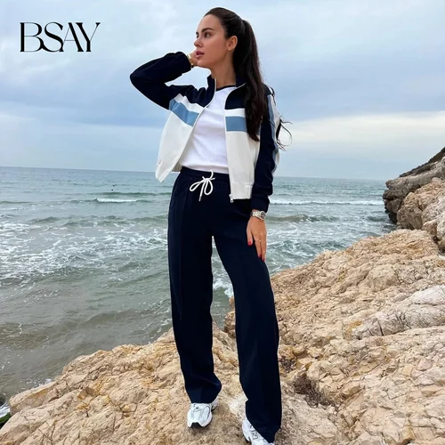 Imagen 2 del producto BSAY, moda para mujer, nueva chaqueta Bomber a rayas de manga larga con cremallera, pantalones elegantes para correr de cintura alta para mujer, conjunto de dos piezas