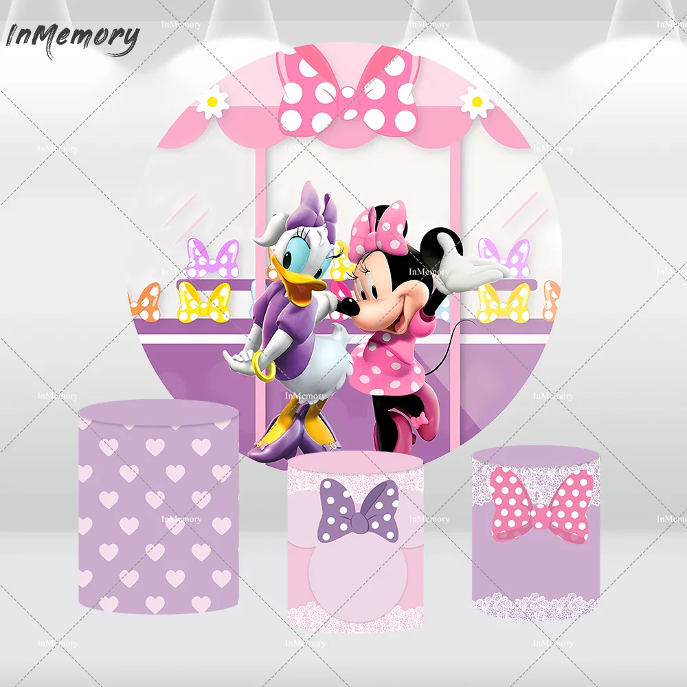 Minnie Bowtique Round Backdrop Cover Minnie Mouse and Daisy Duck Circle Background Photography Candy Shop Cake Table Banner