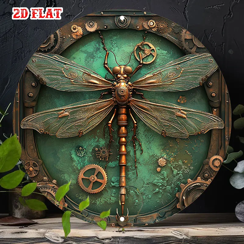 2D Flat, 1pc Steampunk Dragonfly Wall Art - 19.99cm Round Aluminum Sign with Intricate Gear & Mechanical Design, Rustic Metal Wa