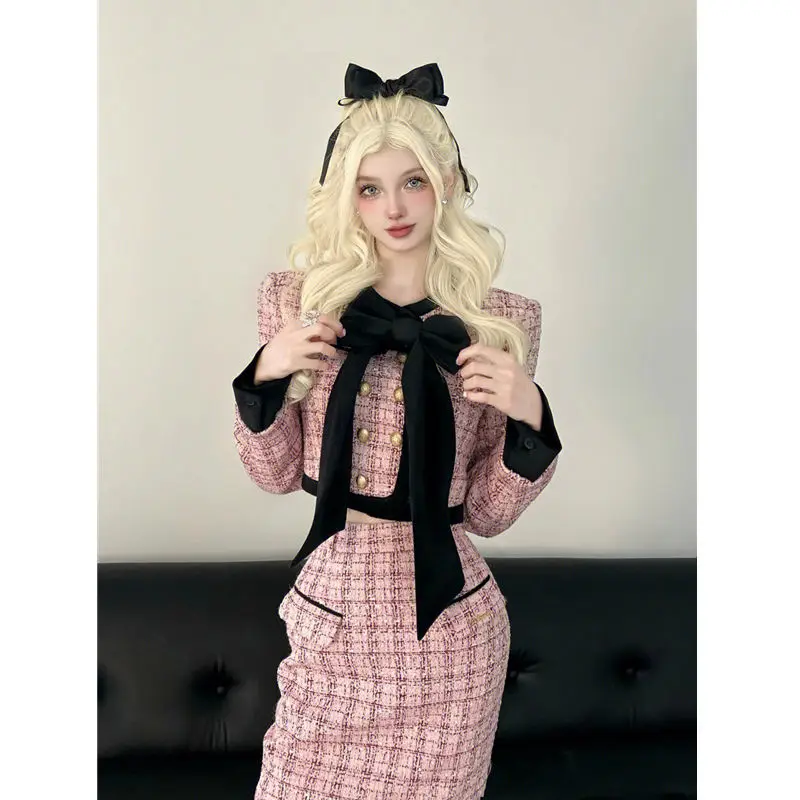 

French Elegant Style High-end Advanced Temperature Tweed Plaid Coat and Hip-hugging Half-length Skirt 2 Piece Skirt Set Women