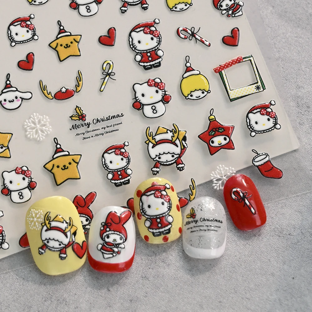5D Nuovo Hello Kitty Pelle di Natale Adesivi per unghie 3D Simpatico cartone animato Natale Kuromi My Melody Decalcomanie per unghie Autoadesive Kawaii Nail Deco