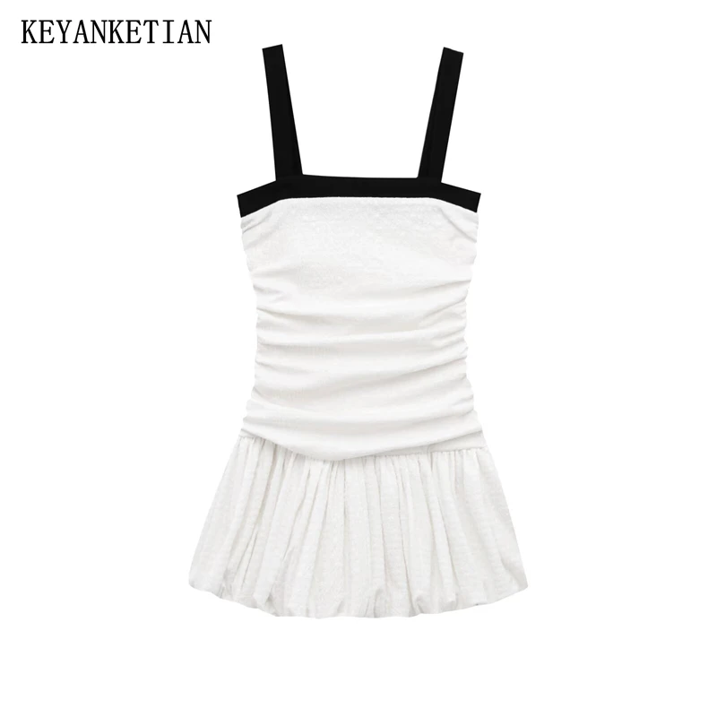 KEYANKETIAN zomer nieuwe dames zwart wit contrasterende kleur onderjurk Amerikaanse retro geplooide patchwork slanke mouwloze mini-jurk