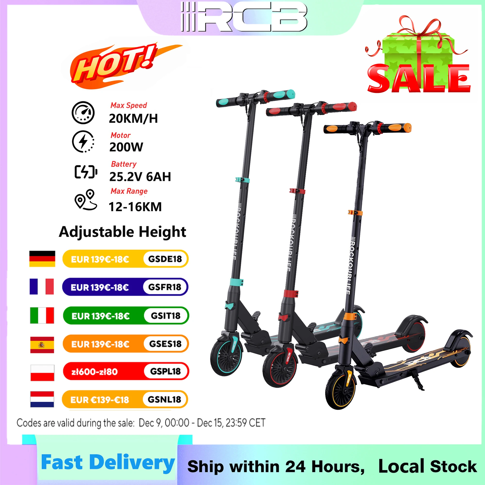 RCB Electric Scooter for Kids Ages 6-8-12, R15 Kids Electric Scooter, 20 KM/H Top Speed, 16KM Range, 3 Heights Adjustable, Gifts