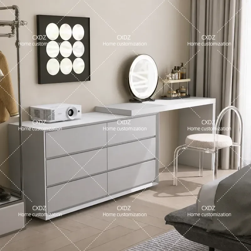 Italian Minimalist Dresser Desk Integrated Telescopic Solid Wood Bedroom TV Cabinet Storage Modern Paint Computer Chest