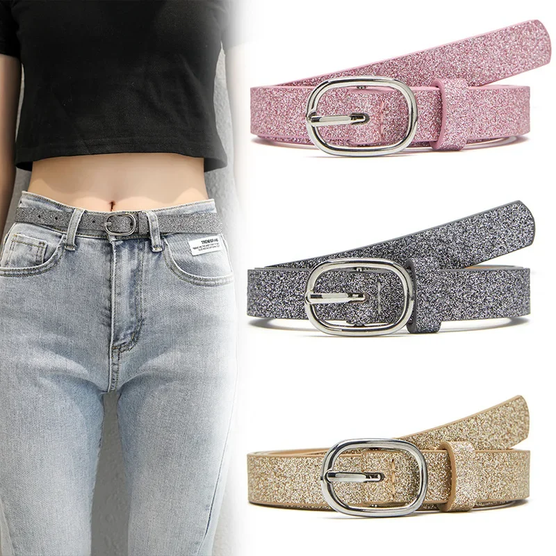 New Ladies Buling Shiny Silver Buckle Belt Casual Decoration Student Denim Solid Color Designer Belts for Women