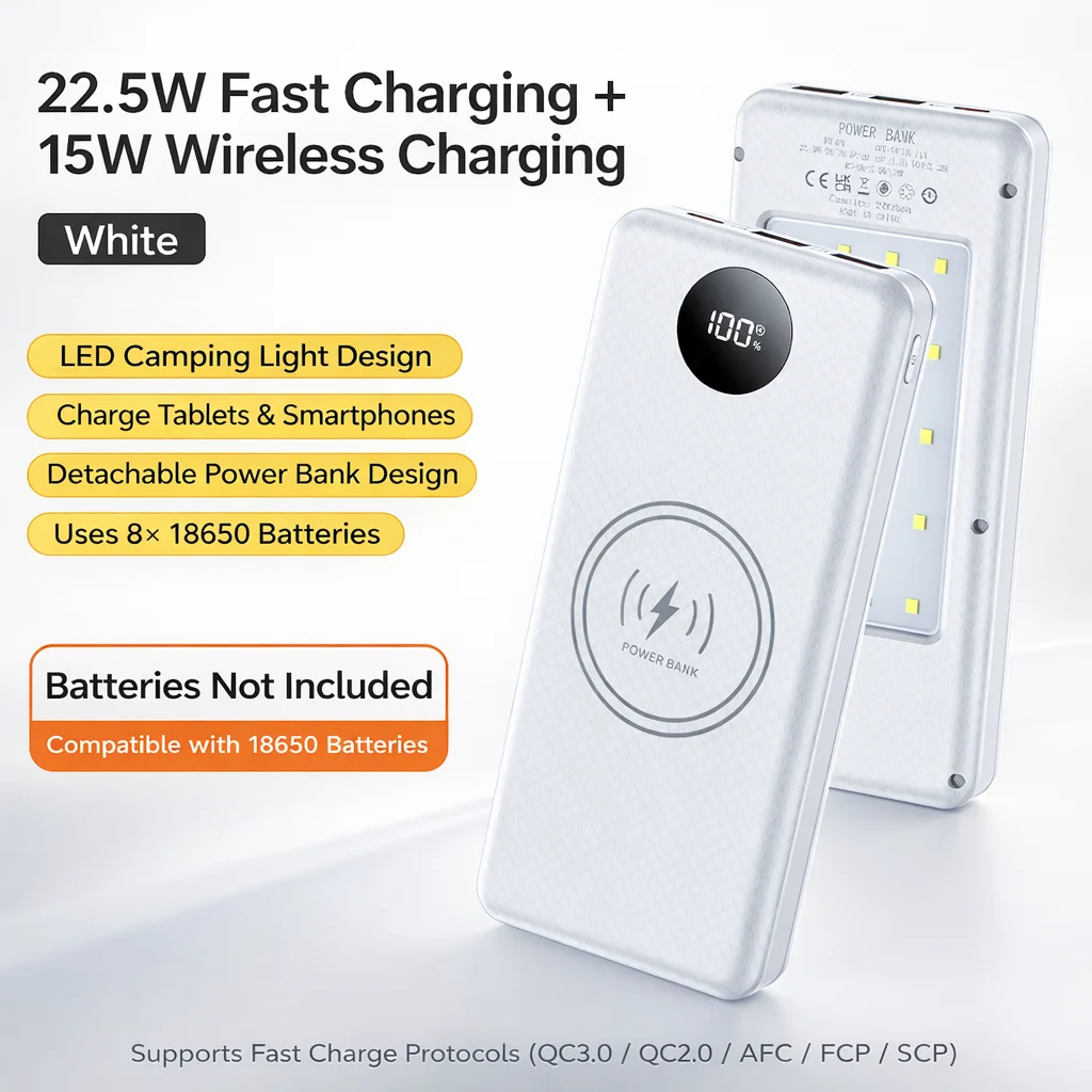 

Корпус для повербанка 20000 мАч на 8 аккумуляторах 18650, быстрая зарядка 22.5 Вт, беспроводная зарядка 15 Вт, светодиодный фонарь для кемпинга, DIY-бокс для батарей (батареи в комплект не входят)