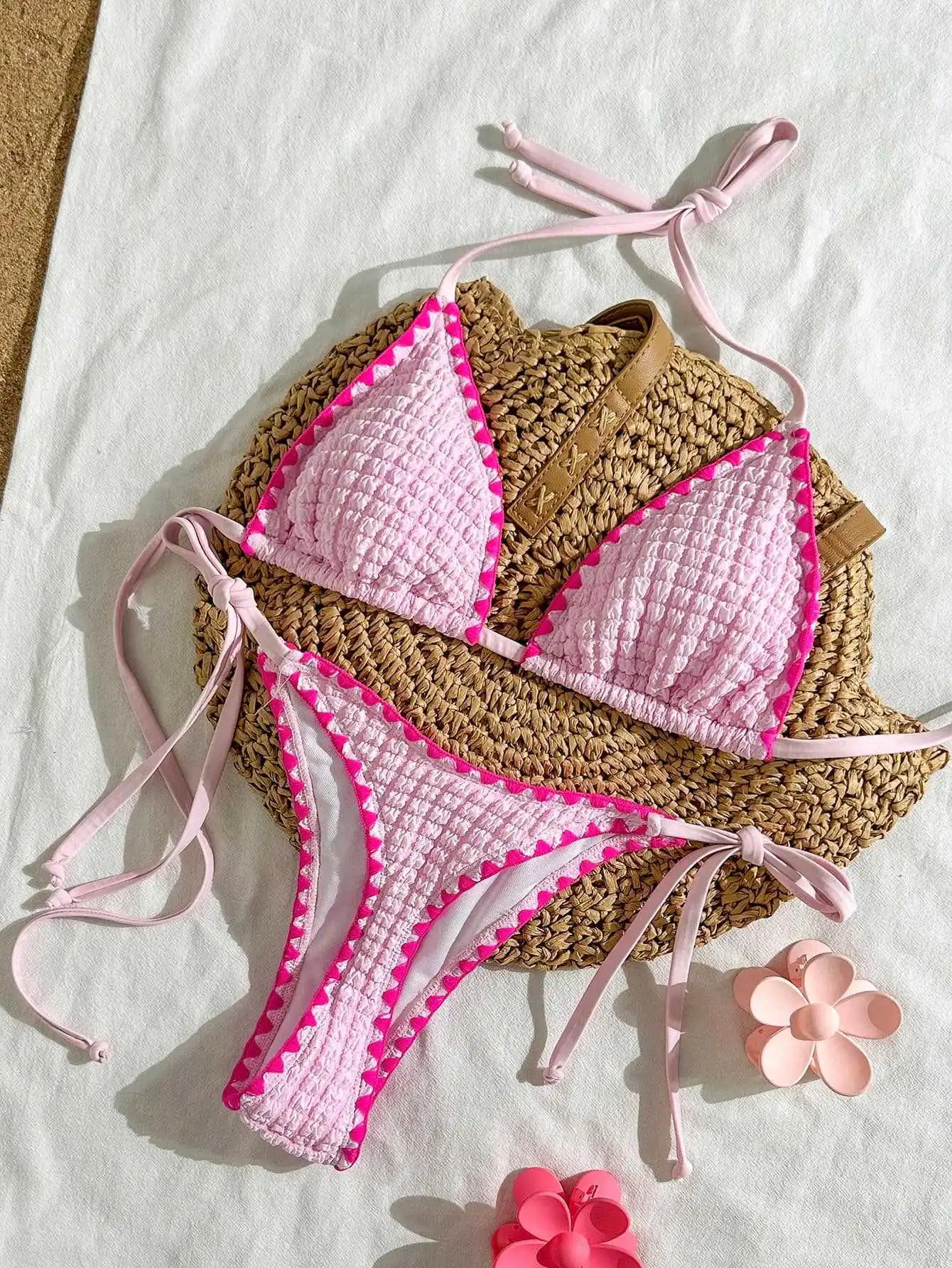 sexy pink patchwork micro bikinis sets two pieces halter back tie thong swimsuits bathing suit swimwear biquini tankini trikini view 5
