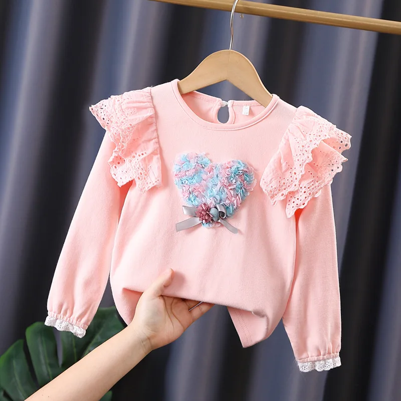 High-grade girls' long-sleeved top foreign style children's little girl spring  pure cotton all-match flying sleeve t thin
