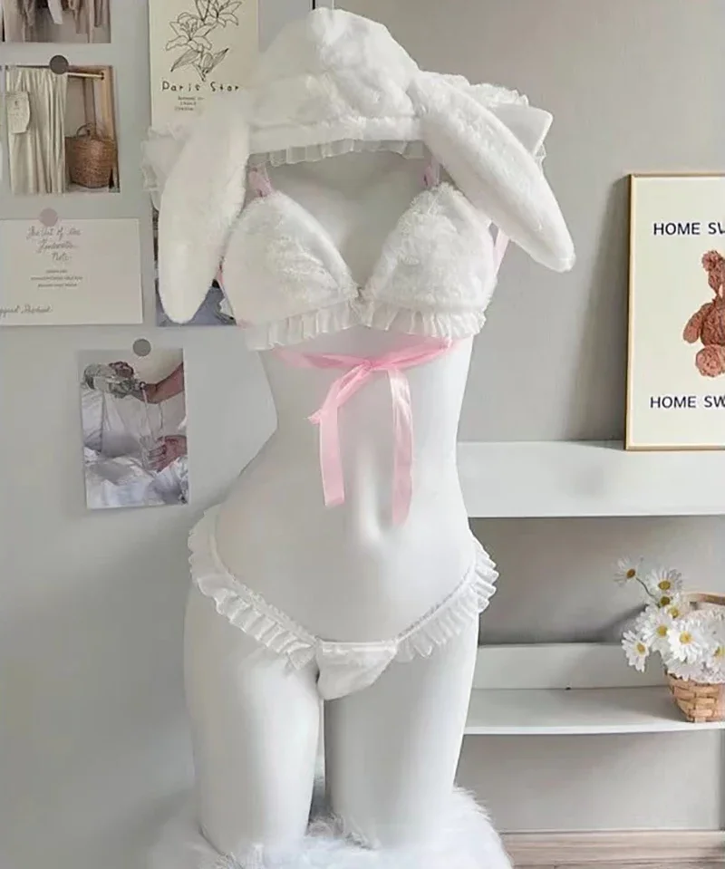 Anime Sexy Bunny Girl Cosplay Lingerie Set Anime Plush Rabbit Ear Bra Panties Suit Role Play Temptation Costumes