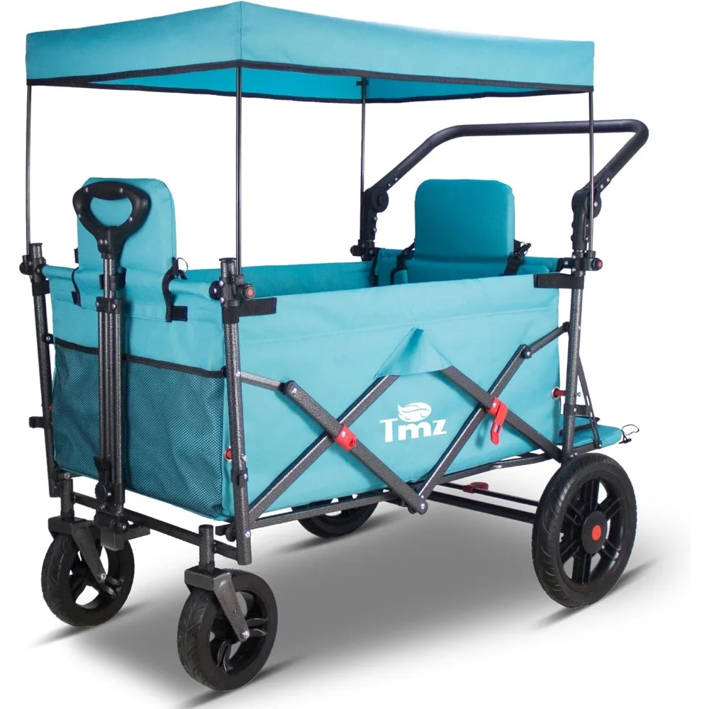 

collapsible foldable wagon cart with quick-release wheels and 2 seats, heavy duty wagon 265lbs load capacity for camping garden