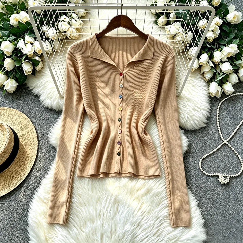 YuooMuoo Korean Fashion Candy Buttons Cardigans Tops 2026 Spring Autumn White and Black Stripes Knitted Tops Chic Ladies Shirts