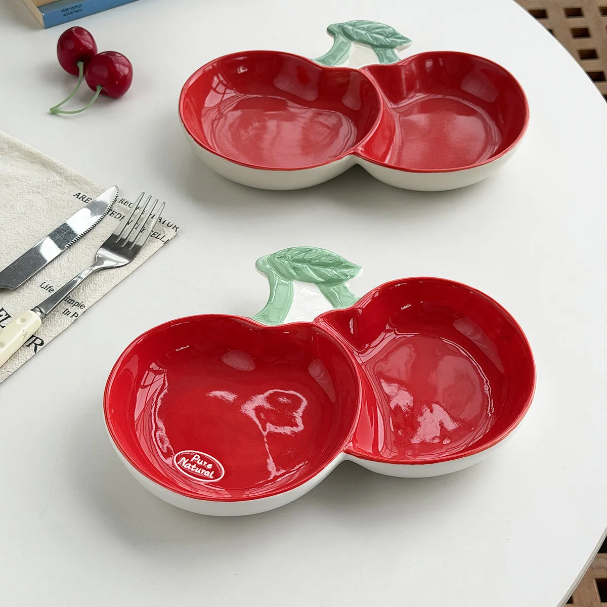 Cherry Shape Dividing Plate New Household Creative Nordic Style Deepen Tableware Exquisite Cute High Aesthetic Ceramic Dishes