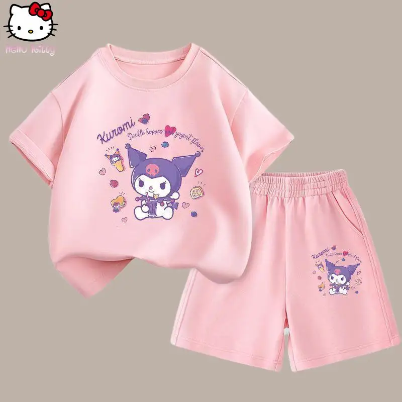 

2Pcs Kuromi Fashion Girls Kawaii Short Sleeve Shorts Set Cinnamoroll Kids Anime Cartoon T-Shirt Summer Sweet Casual Tops