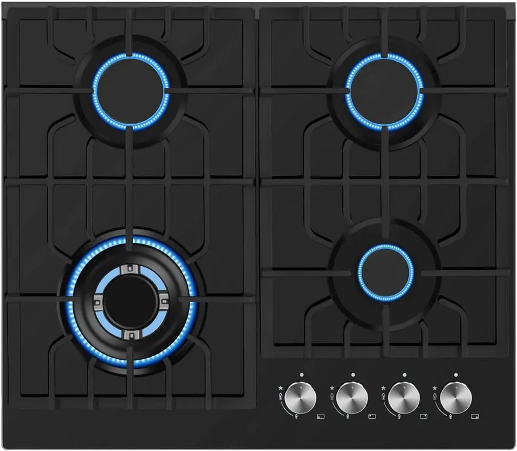 

24" Gas Stove Cooktop 4 Italy Sabaf Sealed Burners NG/LPG Convertible Tempered Glass in Black, 24 Inch