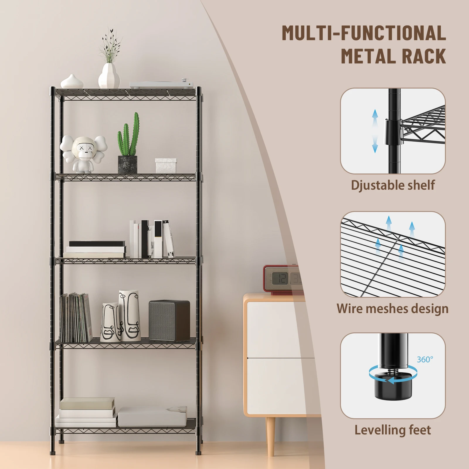 رف معدني قابل للتعديل مكون من 5 طبقات مع أقدام تسوية، رف تخزين فولاذي للمطبخ والحمام والشرفة وغرفة المعيشة #4