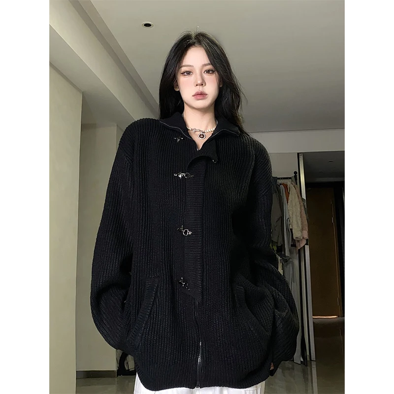 MEXZT Y2K Knitted Cardigan Women Streetwear Black Oversized Sweater Coat Harajuku Gothic Buttons Zipper Knitwear Casual Jumpers