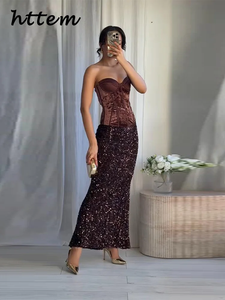 أنيقة الترتر حورية البحر التنانير الطويلة مجموعات النساء حمالة أكمام سليم هيكل السمكة سترة مطوي تنورة 2025 الخريف سيدة بدلة الحفلات