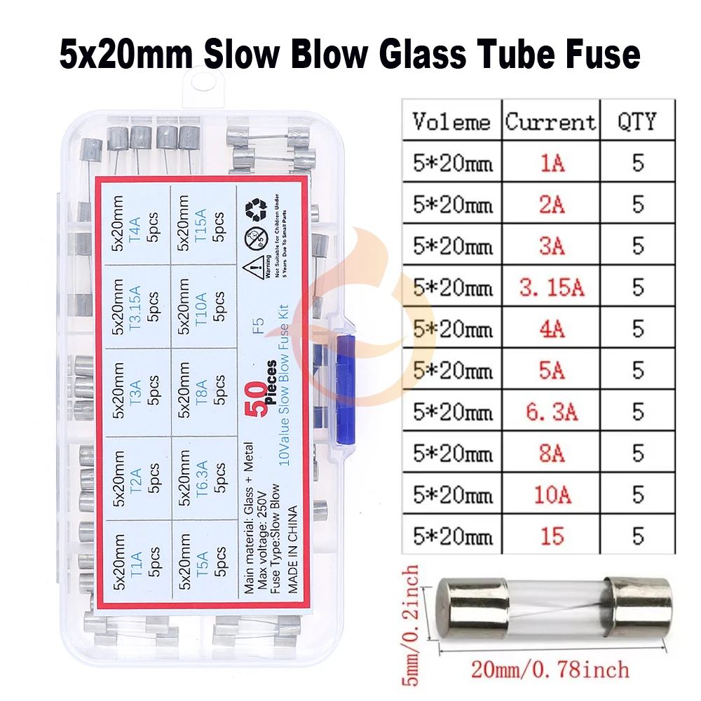 50Pcs 10Value 5x20mm Slow Blow Glass Tube Fuse T1A-T15A Assorted Kit