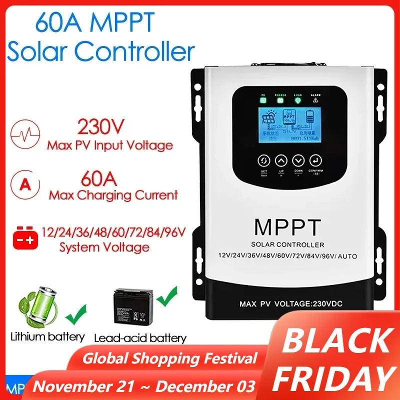 60A MPPT Solar Charge Controller 12/24/36/48/60/72/84/96V Auto Max Solar Input 230VDC Solar Panel Regulator Charge Controller