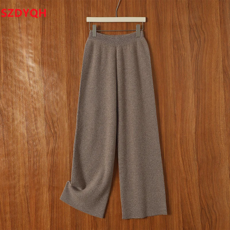 

2023 Autumn Winter Women 100% Wool Pants Soft Waxy Comfortable High-Waist Knitted Trousers Female Solid Thicken Wide Leg Pants