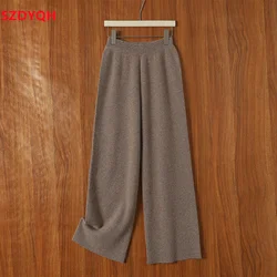 2023 Autumn Winter Women 100% Wool Pants Soft Waxy Comfortable High-Waist Knitted Trousers Female Solid Thicken Wide Leg Pants