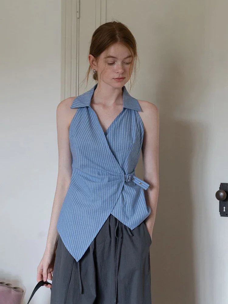 Корейские новые сексуальные майки в нерегулярную полоску с v-образным вырезом, женские летние тонкие элегантные топы без рукавов, модные простые майки с лацканами