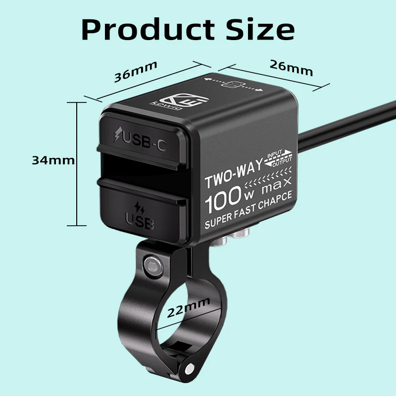 Kewig B13 100W Motorcycle Bidirectional Charger USB-C & USB-A Fast Charging Dual Ports Socket with LED Voltmeter Display Charger