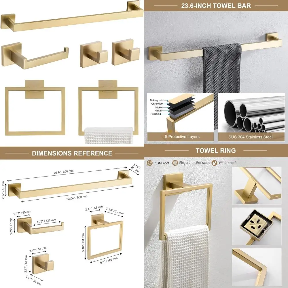 

Brushed Gold 6-Piece Bath Hardware Set: 23.6 Towel Bar, Ring, Hooks, & Toilet Paper Holder