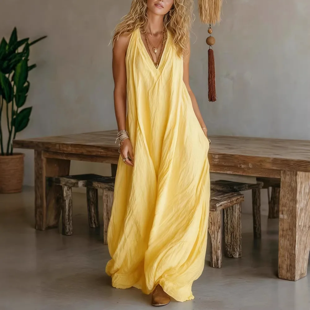 New Women's Casual Sleeveless Long Dress with Pockets 2026 Europe USA Fashion 3XL Size Sleepwear Homewear Outerwear Elegant