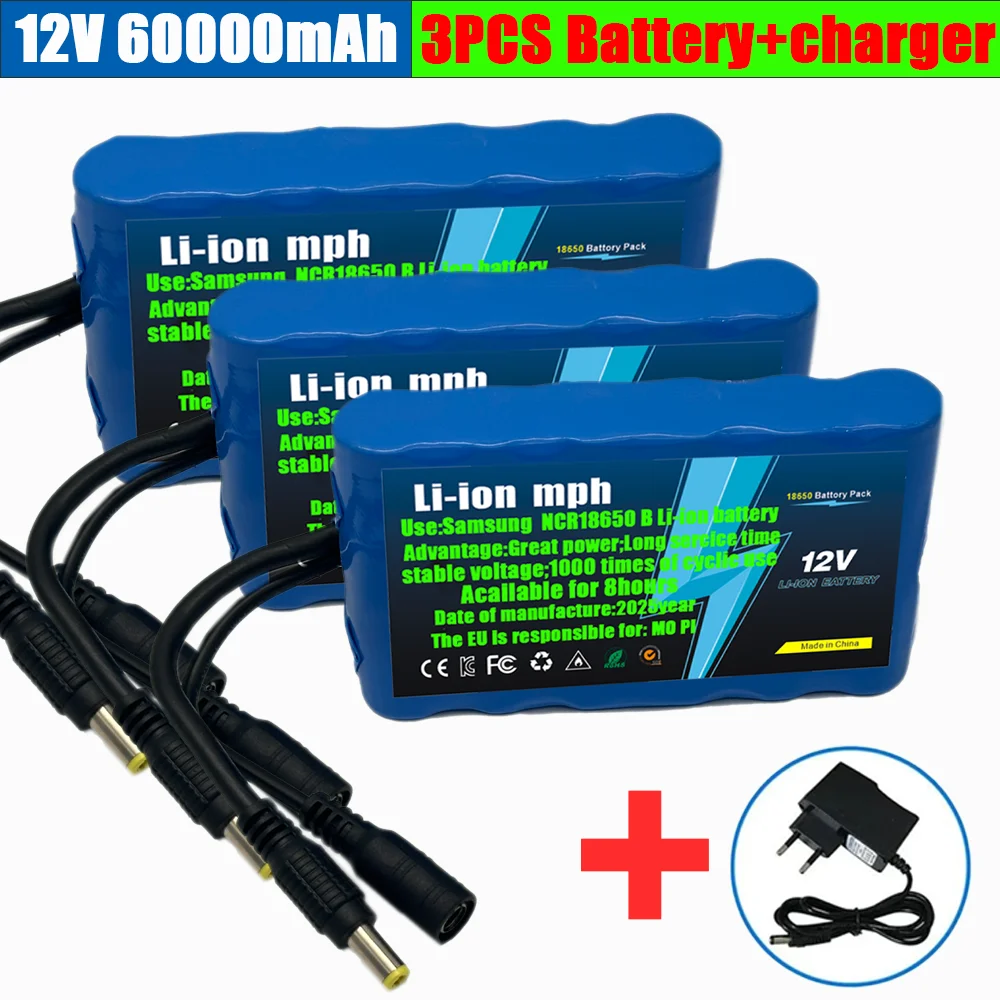 

Original NeW portable 12V battery,50800mAh rechargeable lithium-ion 18650 battery pack, DC 12.6V charger, CCTV audio amplifier+