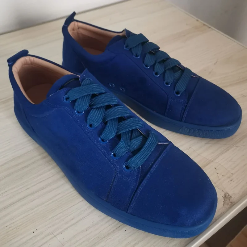 Low Cut Blue Suede Sneakers Men Casual Sneaker Shoes Fashion Handmade Lace-up Men\'s Flats Leather Shoes Skateboarding Shoes