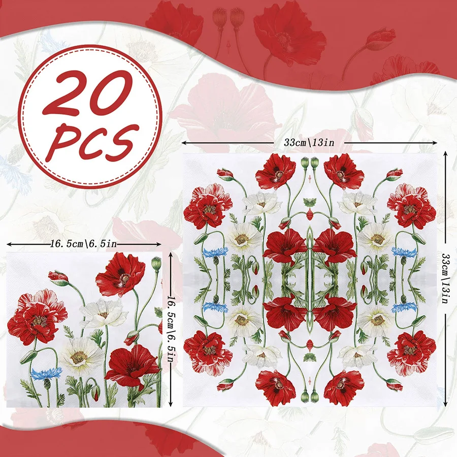 20Pcs Vintage Poppy Floral Printed Disposable Paper Napkins Red Cornflower Pattern Tissue Wedding Bridal Shower Home Table Decor