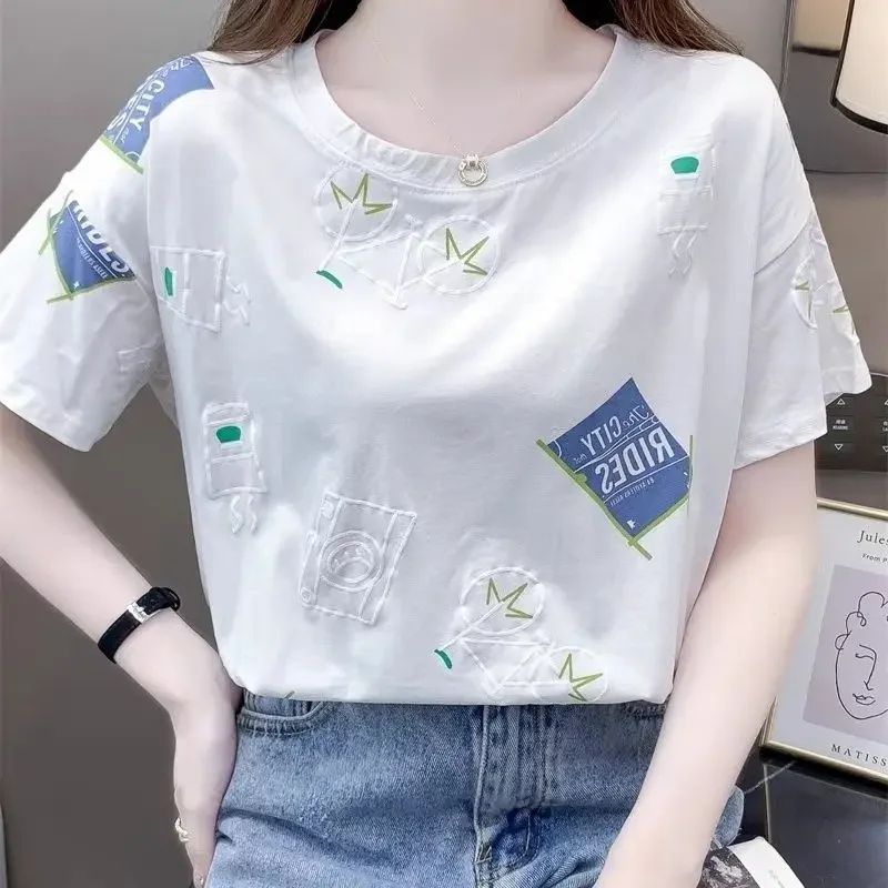 

Casual White Short Sleeved Printed T-shirt for Women's Summer New Versatile Loose Slimming Fashionable Natural Comfort Top