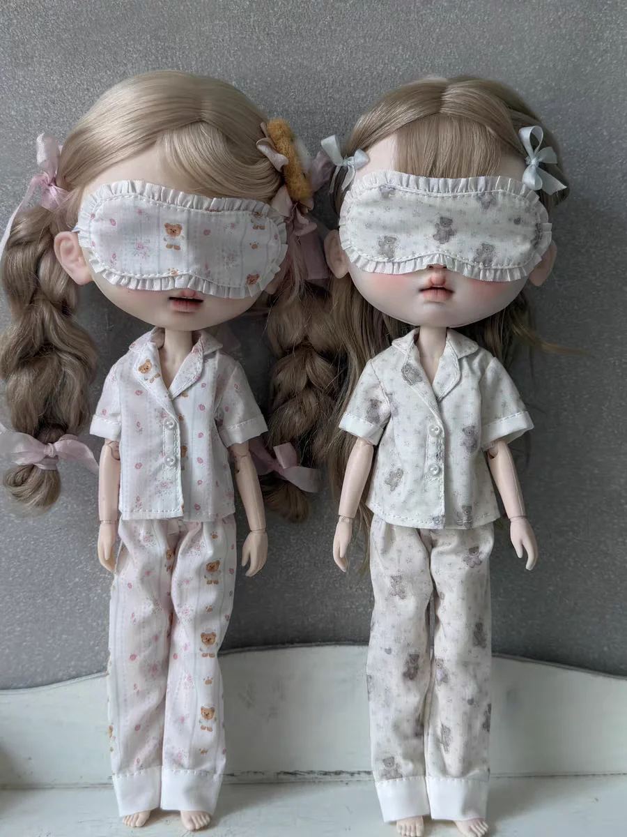 Blythe Baby Dress Red Bear Pattern Short Sleeve Shirt+Pants+Eye Mask 3-Piece Set Home Clothes 19 Joint Wearable Azone