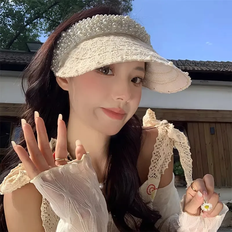 Women's Summer Lace Pearl Sun Hat Korean Style Outdoor UV Protection Empty Top Breathable Sun Hat for Beach Picnic