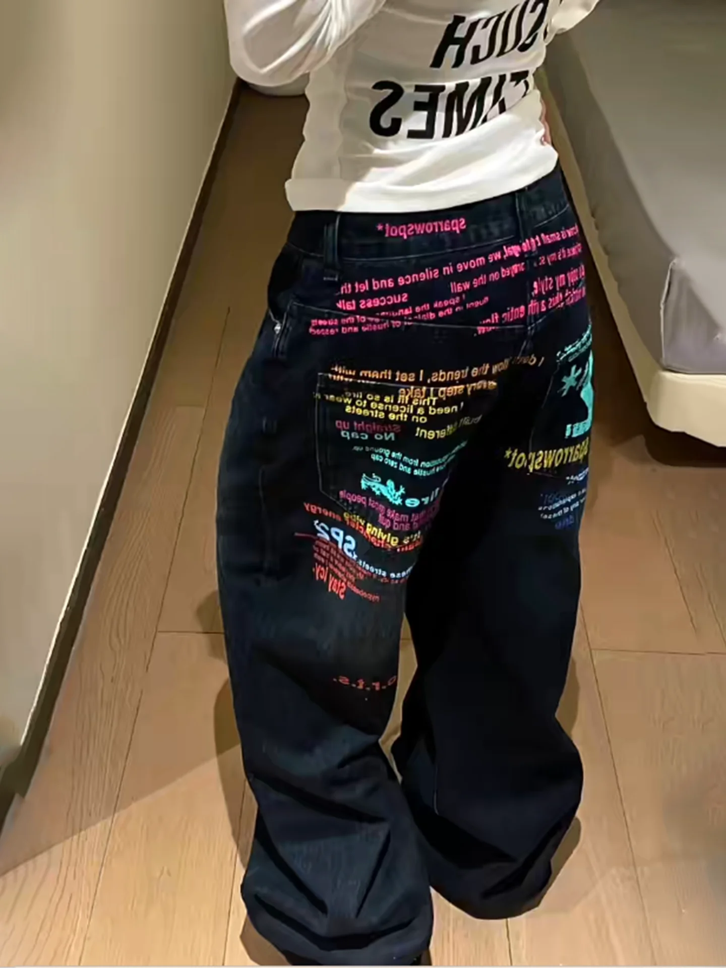 Korean Version Retro Letter Printed Jeans for Women Loose Straight Leg Wide Leg Pants High Street Hip-Hop Design Casual Pants