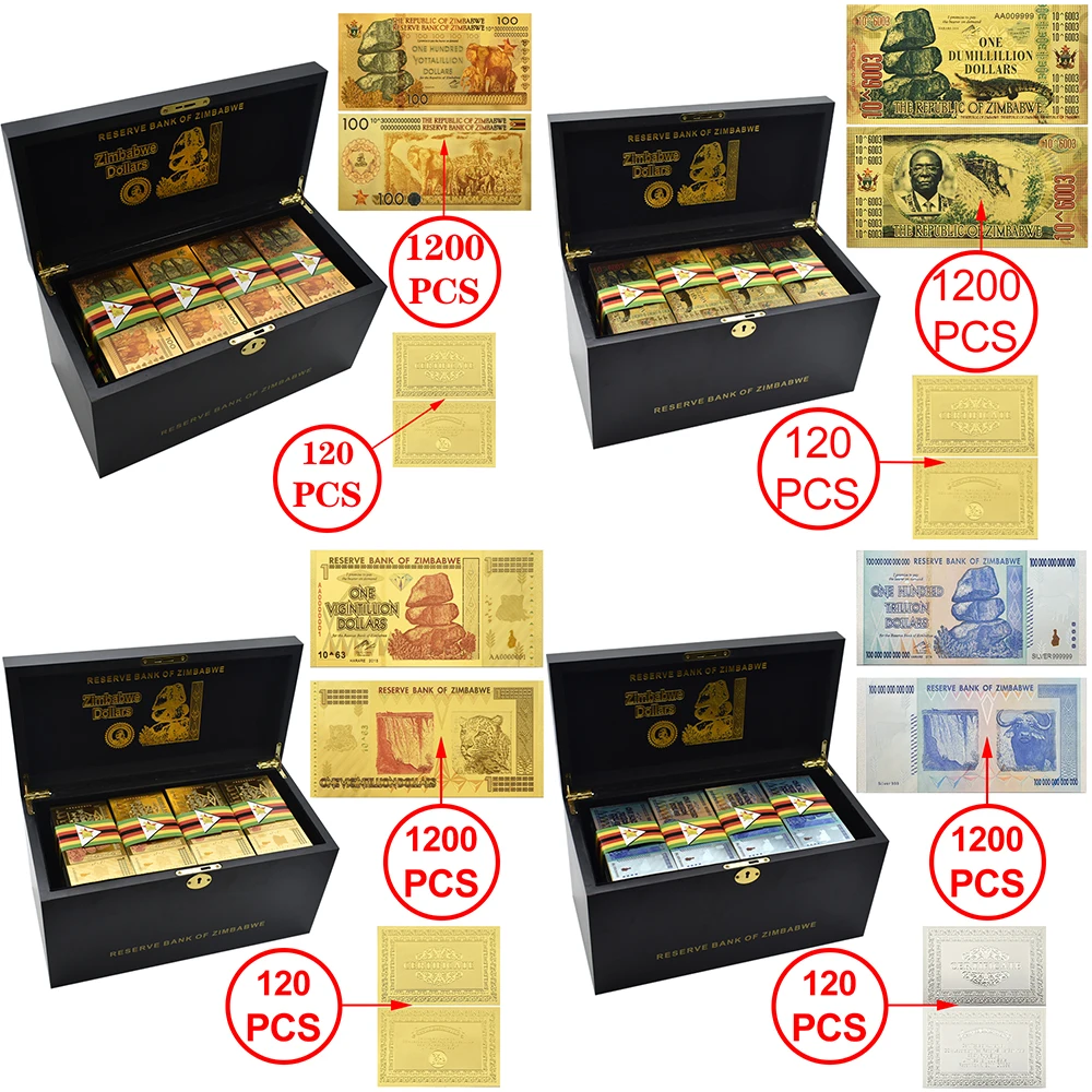 1200pc/box 17 Styles Zimbabwe Dumillillion Gold Banknotes One Hundred Yottallion Dollars Wooden Box Set Collection Business Gift