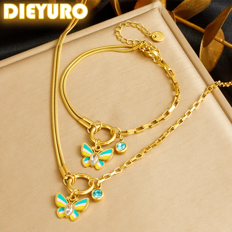 DIEYURO 316L Stainless Steel Colorful Butterfly Splicing Zircon Asymmetric Necklace Earrings Women Trend Non-fading Jewelry Set
