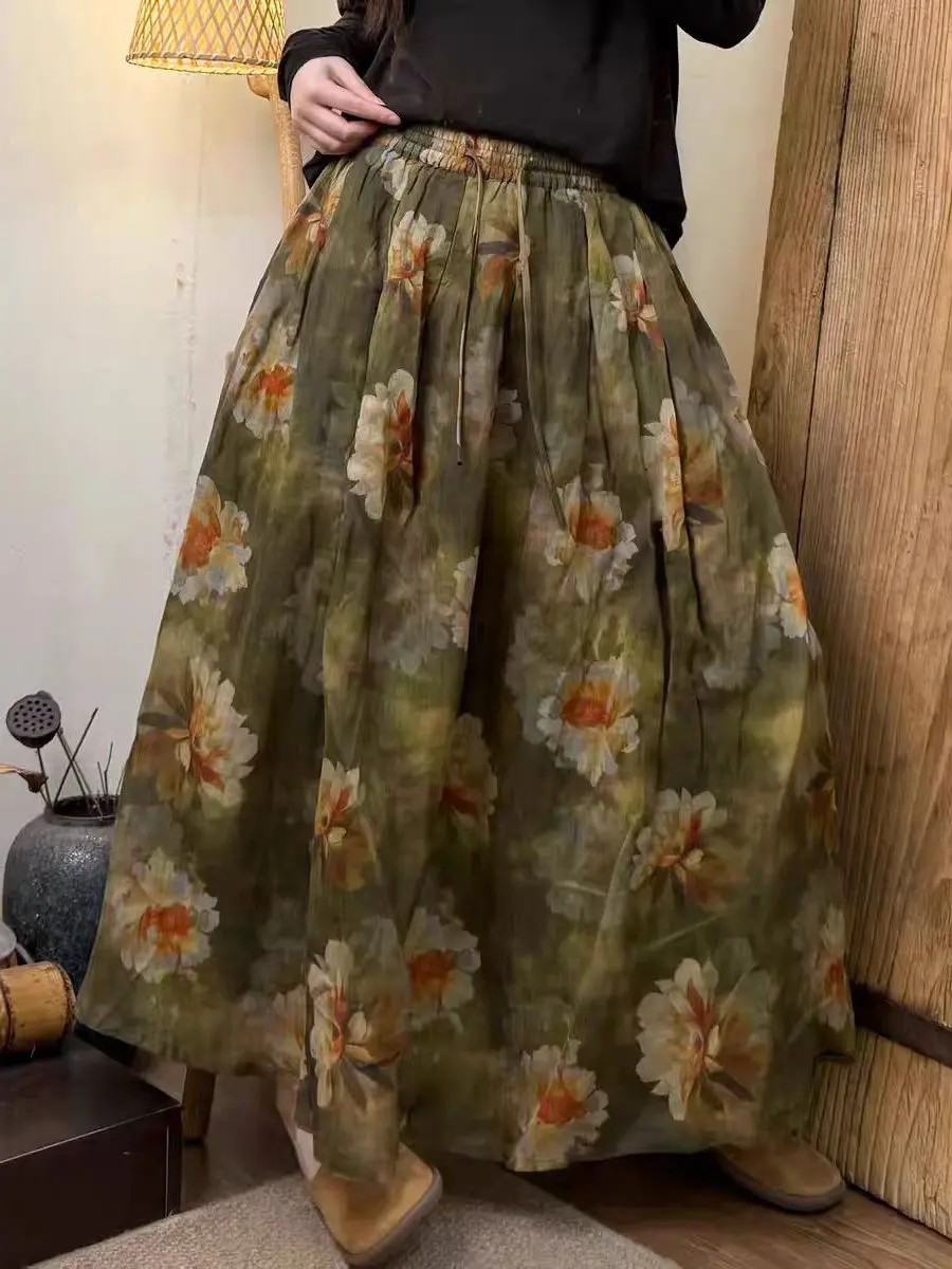 กระโปรงทรงเอผ้าฝ้ายลินินพิมพ์ลายสไตล์เรโทรลำลองสำหรับผู้หญิง รุ่นใหม่ล่าสุดสำหรับฤดูร้อน ทรงหลวมใส่สบาย
