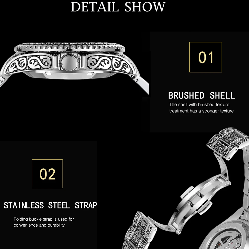 FORSINING ريترو موضة رجالي الهيكل العظمي التلقائي الساعات الميكانيكية كول حجر الراين فضي الفولاذ المقاوم للصدأ خمر نحت على مدار الساعة