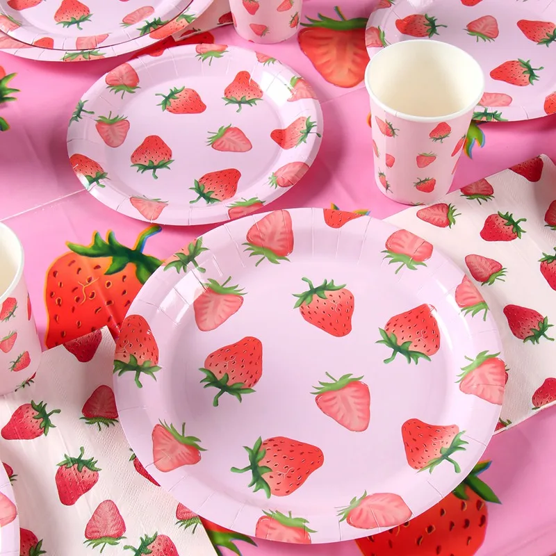 1set Strawberry Paper Banner Plate Cup Tablecloth Candy Bag For Kids 1st Summer Strawberry Birthday Party Decoration Supplies