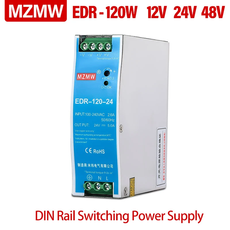 

MZMW 120W DIN Rail Switching Power Supply 12V 10A 24V 5A 48V 2.5A Volt AC/DC Single Output Industrial EDR-120-12 EDR-120-24