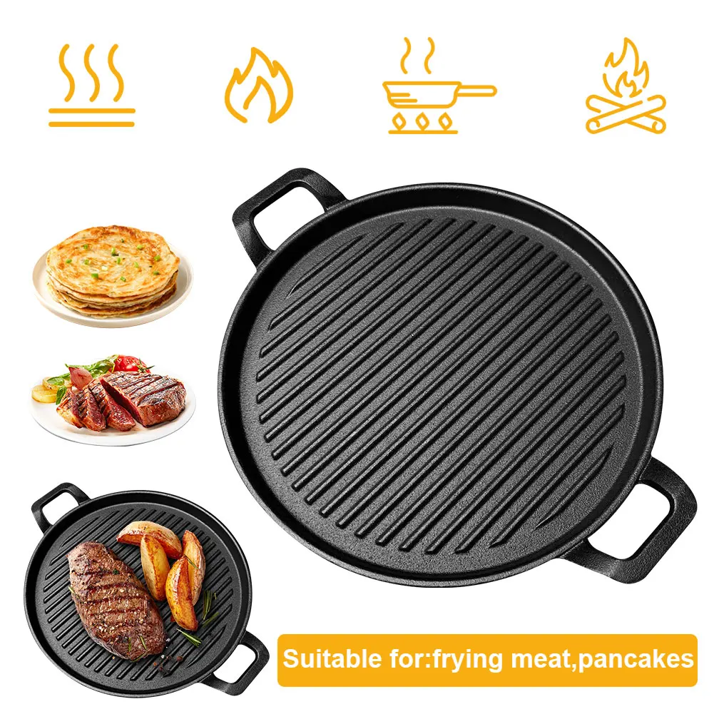 Cast Iron Grill Plate Round Grill Pan with Handles Flat & Ridged Skillet Pan Griddle Plate for Gas Stove Induction Cooker