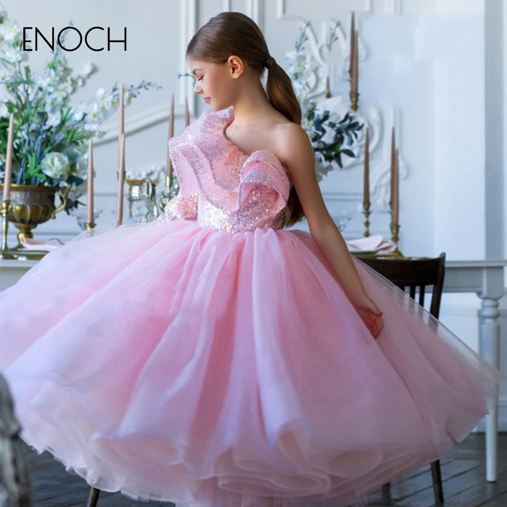 ENOCH-vestido de una línea para niña, traje de tul suave, sin mangas, con un hombro, Formal, para fiesta de boda